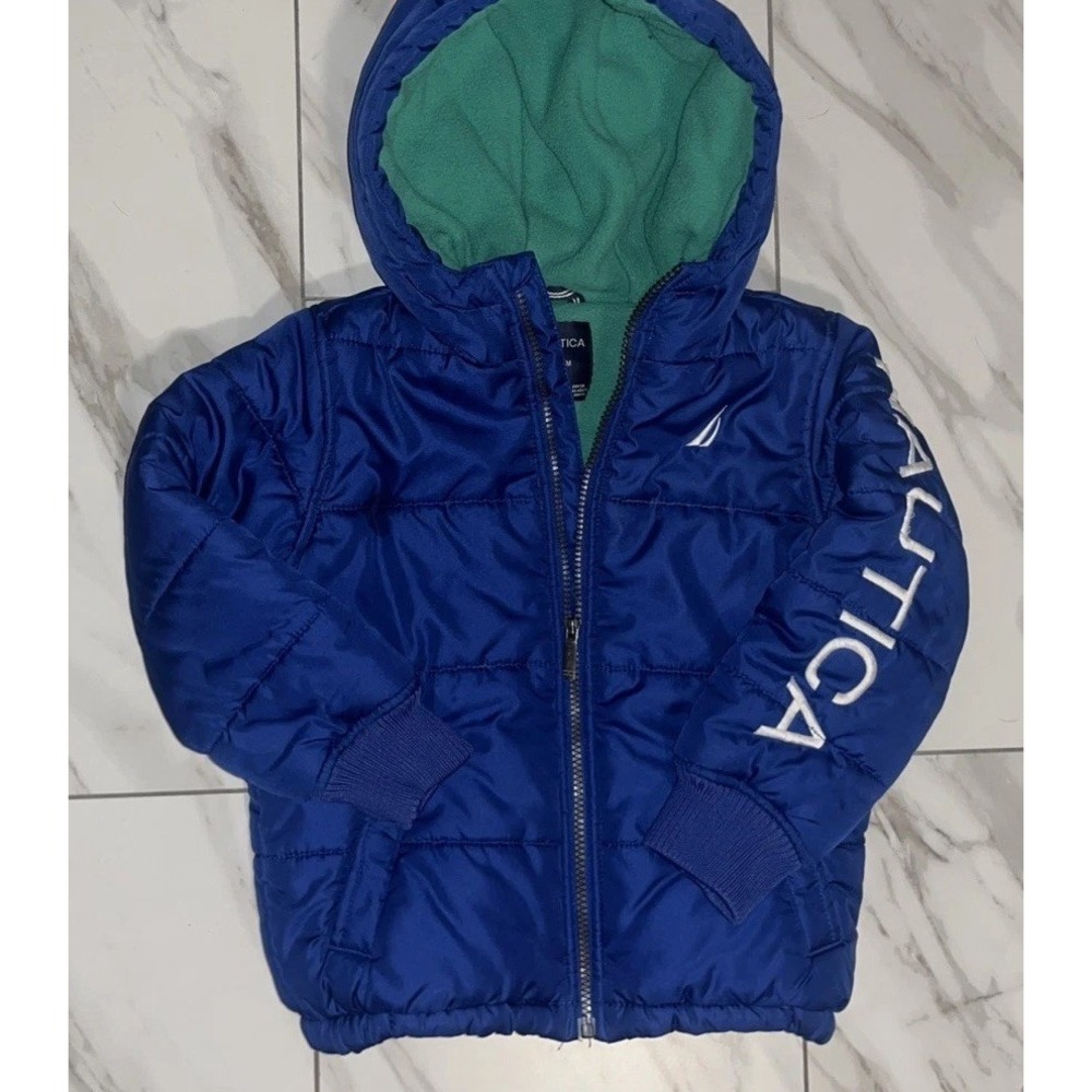 Nautica Boys Puffer Jacket Size 5 Blue Green Hooded Winter Coat Fleece Lined